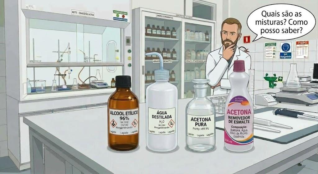 Quatro frascos no laboratório: álcool etílico, água destilada, acetona pura e acetona comercial, da esquerda para a direita