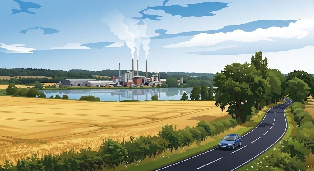 Uma paisagem com um lago, uma fábrica com chaminés a fumegar, um campo agrícola, uma estrada com um carro e árvores